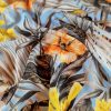 Tesatura din matase naturala -  design floral exotic,  Bleu, Galben, Portocaliu, Verde - imagine 7