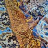Tesatura twill din matase naturala - design cu bordură laterala și motive etno, Albastru Bej Mustar