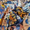 Tesatura twill din matase naturala - design cu bordură laterala și motive etno, Albastru Bej Mustar - imagine 3