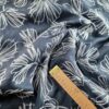 Țesătură din In cu broderie - frunze ginkgo biloba, Bleumarin Alb - imagine 2