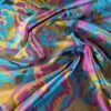 Tesatura jacquard cameleon fata dublă - design exotic floral supradimensionat, Cyclamen Mustar Turcoaz Auriu
