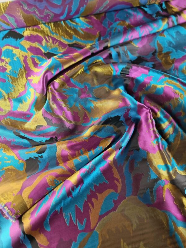 Tesatura jacquard cameleon fata dublă - design exotic floral supradimensionat, Cyclamen Mustar Turcoaz Auriu
