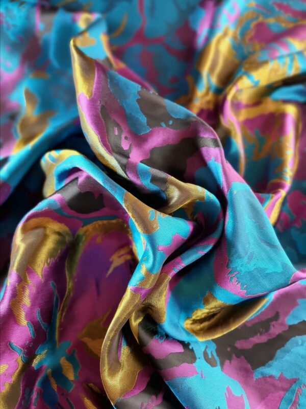 Tesatura jacquard cameleon fata dublă - design exotic floral supradimensionat, Cyclamen Mustar Turcoaz Auriu - imagine 4