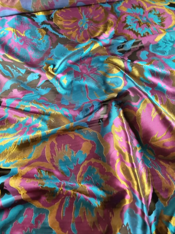 Tesatura jacquard cameleon fata dublă - design exotic floral supradimensionat, Cyclamen Mustar Turcoaz Auriu - imagine 9
