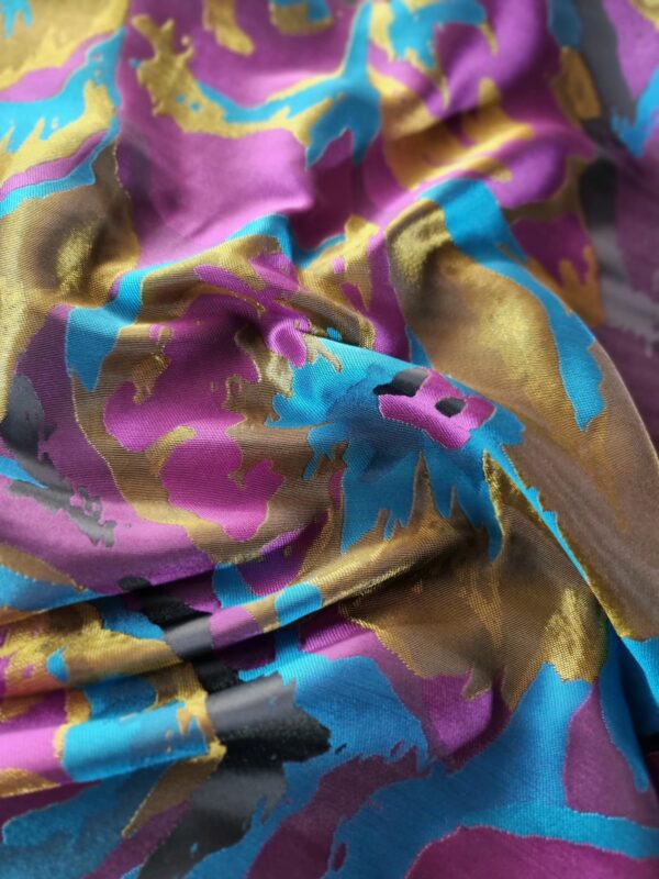 Tesatura jacquard cameleon fata dublă - design exotic floral supradimensionat, Cyclamen Mustar Turcoaz Auriu - imagine 2