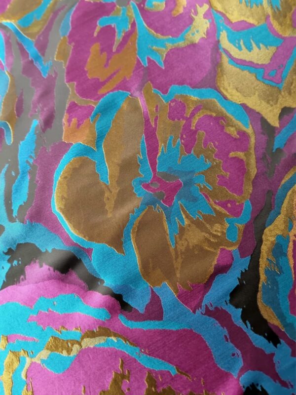 Tesatura jacquard cameleon fata dublă - design exotic floral supradimensionat, Cyclamen Mustar Turcoaz Auriu - imagine 5