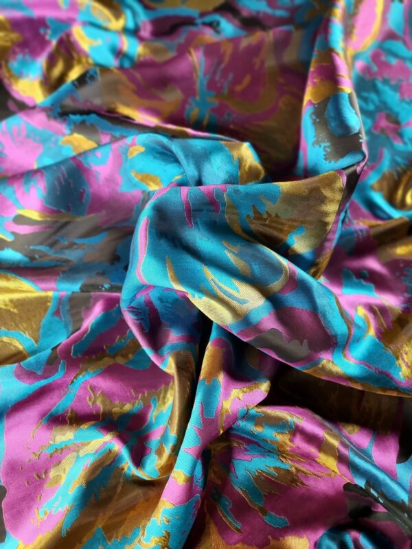 Tesatura jacquard cameleon fata dublă - design exotic floral supradimensionat, Cyclamen Mustar Turcoaz Auriu - imagine 3