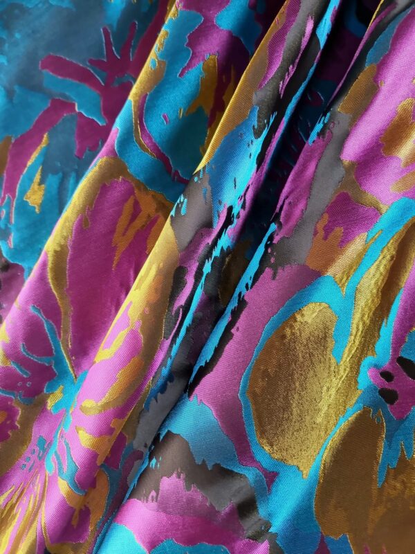 Tesatura jacquard cameleon fata dublă - design exotic floral supradimensionat, Cyclamen Mustar Turcoaz Auriu - imagine 6