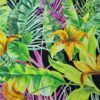 Tesatura crepe de chine din matase naturala imprimata - design exotic floral, Multicolor pe fond negru - imagine 6