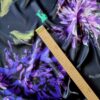 Tesatura crepe din matase naturala - imprimeu floral, Mov pe fond Negru - imagine 2