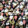 Tesatura cupro din matase naturala - Imprimeu floral cu instrumente muzicale, Negru Alb Rosu Verde