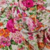 Tesatura jacquard din matase naturala - design floral , Cyclamen/Portocaliu/Ivoire/Verde