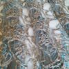 Țesătură premium Dantela brodata floral bleu și ajurata cu fir auriu pe suport de tulle delicat gri - imagine 2