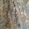 Țesătură premium Dantela brodata floral bleu și ajurata cu fir auriu pe suport de tulle delicat gri - imagine 3