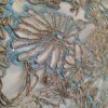 Țesătură premium Dantela brodata floral bleu și ajurata cu fir auriu pe suport de tulle delicat gri - imagine 4