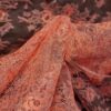 Dantelă Chantilly - design floral cu bordură laterala,  Roz coral cu fir metalizat - imagine 9