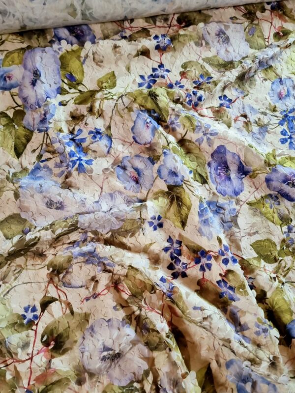 Tesatura cu broderie 3D, pe suport de tulle  - design floral, Albastru / Ivoire / Verde - imagine 4