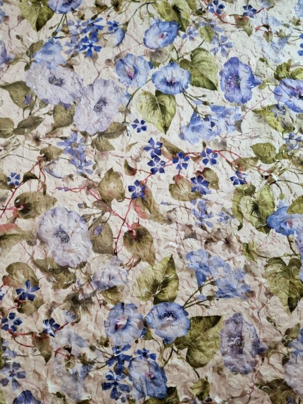 Tesatura cu broderie 3D, pe suport de tulle  - design floral, Albastru / Ivoire / Verde