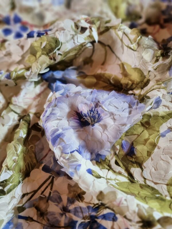Tesatura cu broderie 3D, pe suport de tulle  - design floral, Albastru / Ivoire / Verde - imagine 10