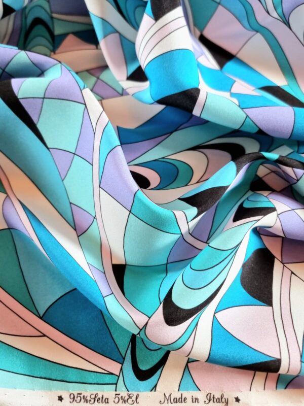Tesatura crepe de Chine din mătase naturală - design geometric, Bleu / Alb / Negru - imagine 8
