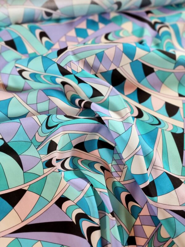 Tesatura crepe de Chine din mătase naturală - design geometric, Bleu / Alb / Negru - imagine 9