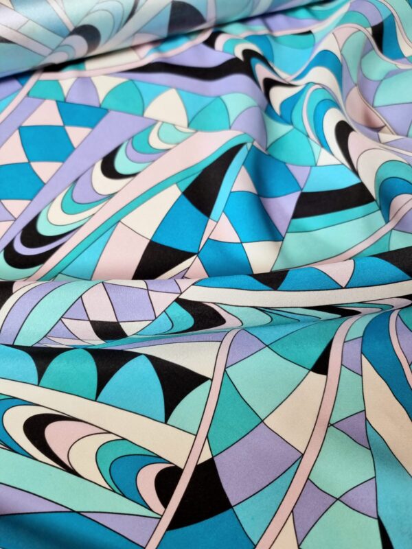 Tesatura crepe de Chine din mătase naturală - design geometric, Bleu / Alb / Negru - imagine 5