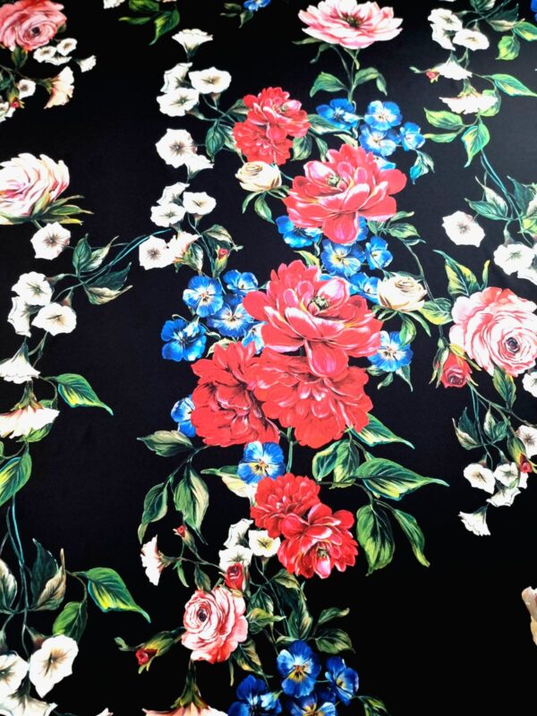 Tesatura crepe de Chine din matase naturală - design floral, Negru / Rosu / Verde / Roz / Albastru