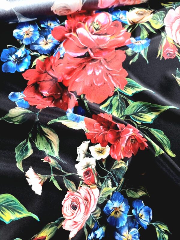 Tesatura crepe de Chine din matase naturală - design floral, Negru / Rosu / Verde / Roz / Albastru - imagine 11