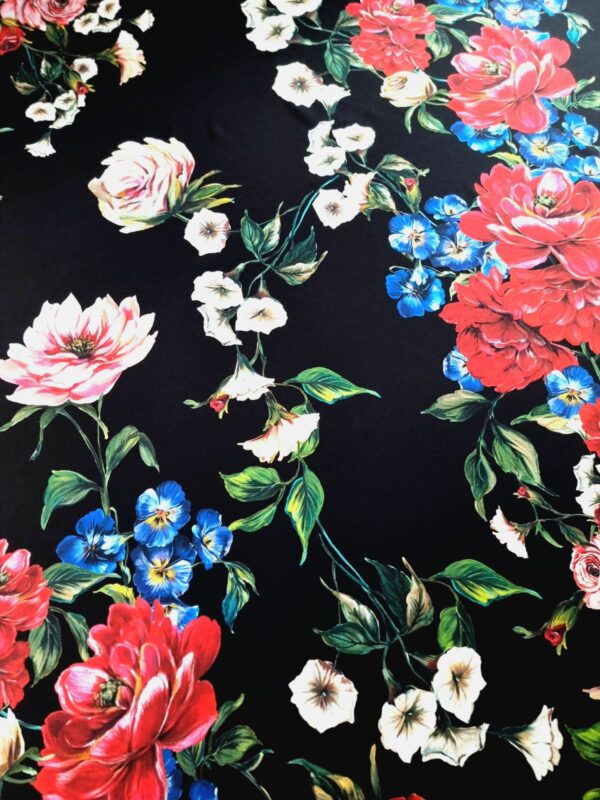 Tesatura crepe de Chine din matase naturală - design floral, Negru / Rosu / Verde / Roz / Albastru - imagine 3