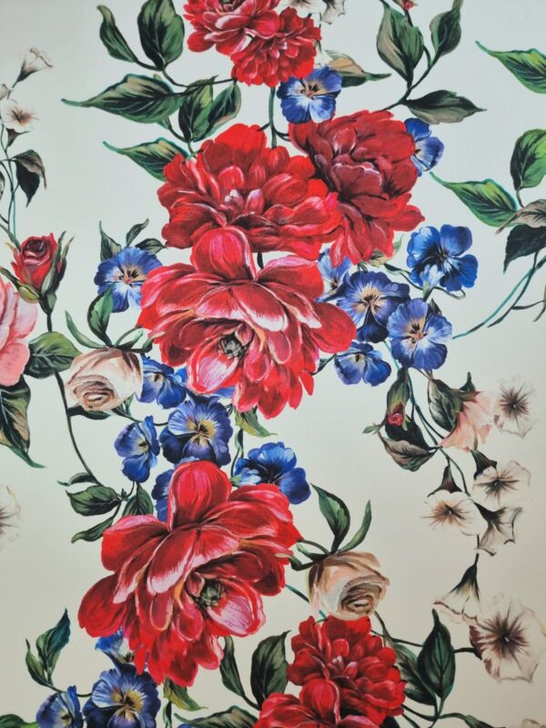 Tesatura crepe de Chine din matase naturală - design floral, Multicolor pe fond Ivoire - imagine 2