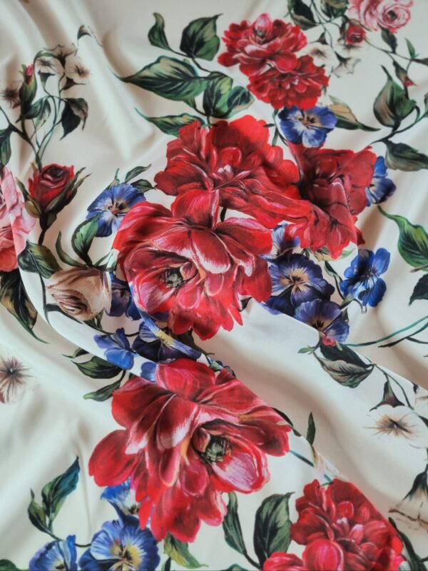 Tesatura crepe de Chine din matase naturală - design floral, Multicolor pe fond Ivoire - imagine 8