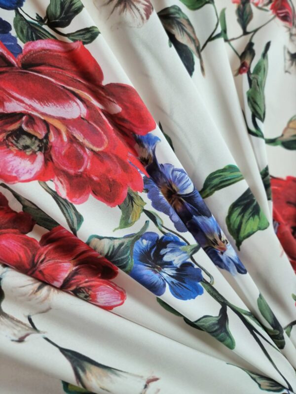 Tesatura crepe de Chine din matase naturală - design floral, Multicolor pe fond Ivoire - imagine 5