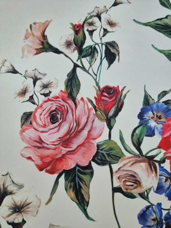 Tesatura crepe de Chine din matase naturală - design floral, Multicolor pe fond Ivoire - imagine 6