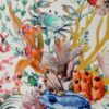 Tesatura crepe de Chine din matase naturală cu imprimeu de flora și fauna marină,  elemente multicolore pe fond Ivoire - imagine 5