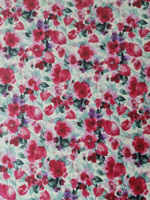 Tesatura dublu crepe din fibre naturale - design floral, Cyclamen / Verde / Ivoire