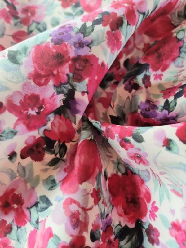 Tesatura dublu crepe din fibre naturale - design floral, Cyclamen / Verde / Ivoire - imagine 7