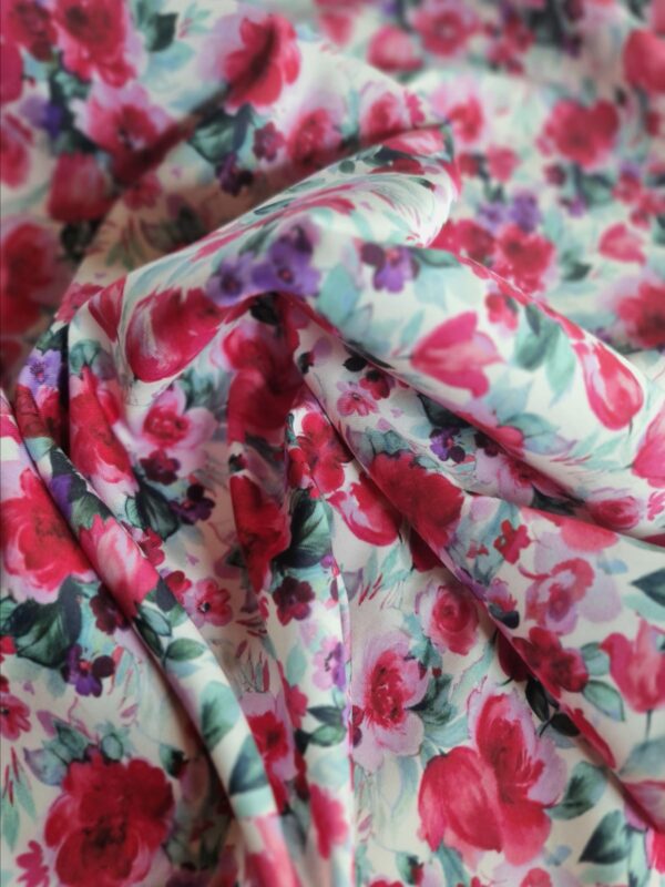 Tesatura dublu crepe din fibre naturale - design floral, Cyclamen / Verde / Ivoire - imagine 8