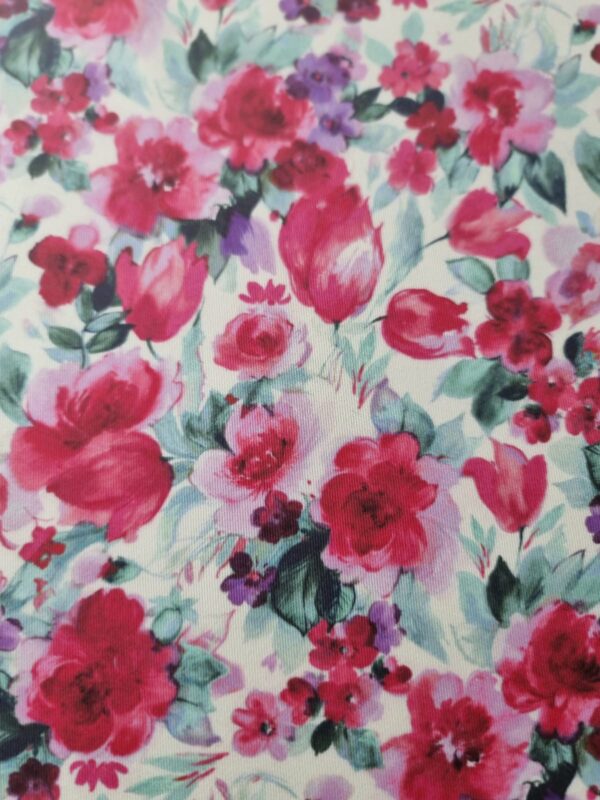 Tesatura dublu crepe din fibre naturale - design floral, Cyclamen / Verde / Ivoire - imagine 3
