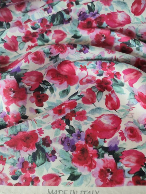Tesatura dublu crepe din fibre naturale - design floral, Cyclamen / Verde / Ivoire - imagine 9