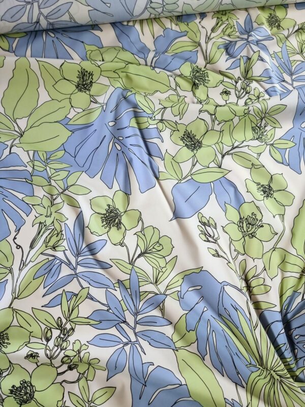 Tesatura din bumbac - popline  cu imprimeu floral, Verde / Bleu / Ivoire - imagine 2