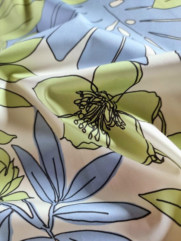 Tesatura din bumbac - popline  cu imprimeu floral, Verde / Bleu / Ivoire - imagine 4