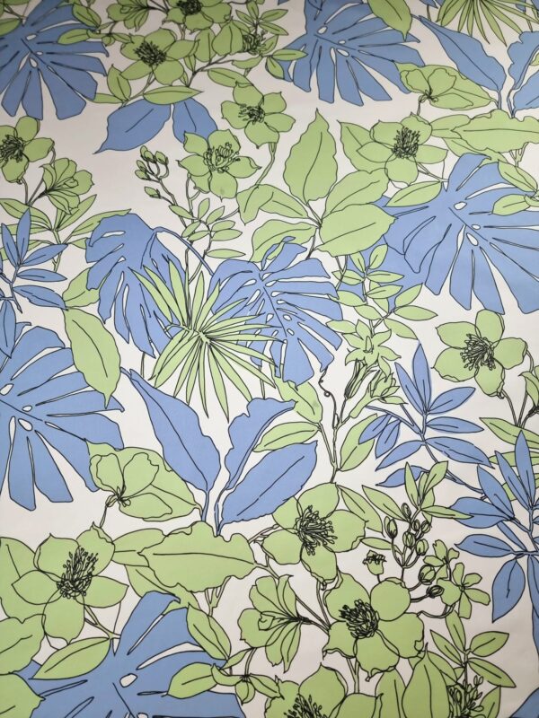 Tesatura din bumbac - popline  cu imprimeu floral, Verde / Bleu / Ivoire