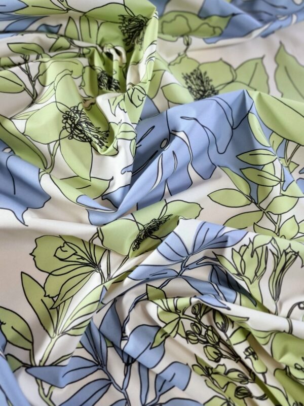 Tesatura din bumbac - popline  cu imprimeu floral, Verde / Bleu / Ivoire - imagine 8