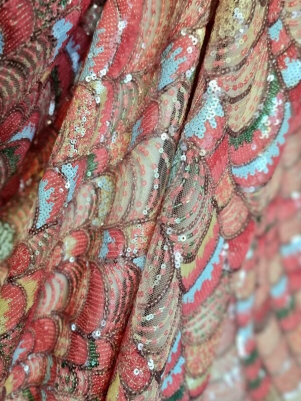 Tesatura brodata cu paiete multicolore pe suport de tulle elastic fond crem deschis - imagine 4