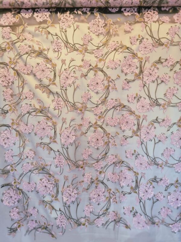 Tesatura dantela premium cu broderie, pe suport de tulle - design floral, Roz / Verde / Ivoire - imagine 6