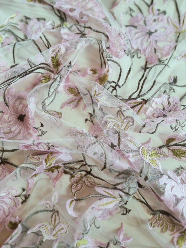 Tesatura dantela premium cu broderie, pe suport de tulle - design floral, Roz / Verde / Ivoire - imagine 8