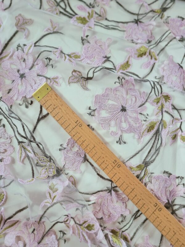 Tesatura dantela premium cu broderie, pe suport de tulle - design floral, Roz / Verde / Ivoire - imagine 9