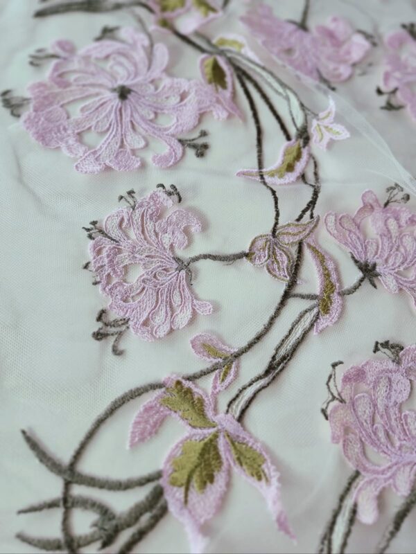 Tesatura dantela premium cu broderie, pe suport de tulle - design floral, Roz / Verde / Ivoire - imagine 10