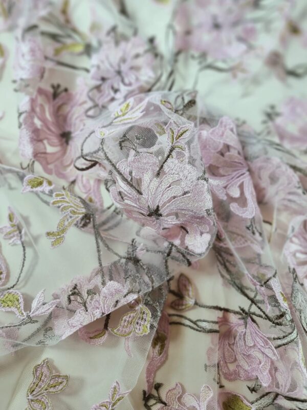 Tesatura dantela premium cu broderie, pe suport de tulle - design floral, Roz / Verde / Ivoire - imagine 3