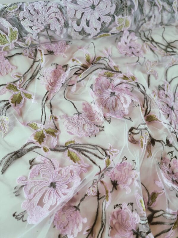 Tesatura dantela premium cu broderie, pe suport de tulle - design floral, Roz / Verde / Ivoire - imagine 4